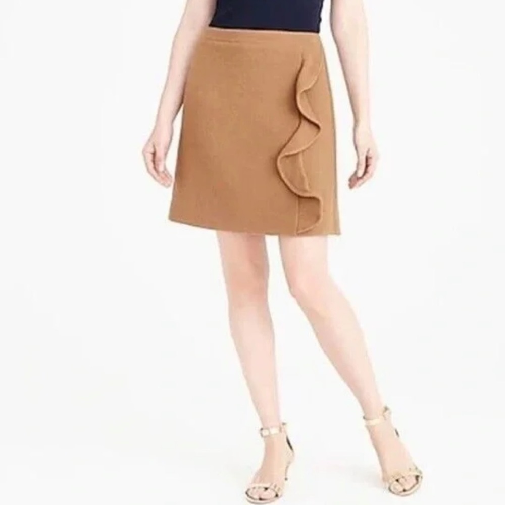J. Crew| Wool, Laine Brown-Tan Mini Skirt with Ruffle Detail—Size 0•••